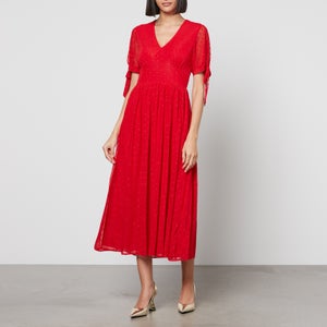 Never Fully Dressed Red Heart Flocked Chiffon Midi Dress