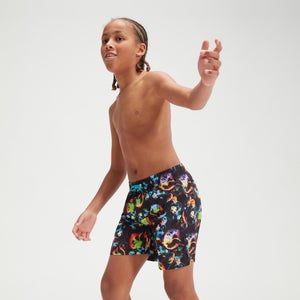 Bañador tipo bermuda de 38 cm con impresión digital para niño, negro/azul