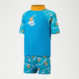Conjunto con camiseta de neopreno estampada de manga corta para niño pequeño, azul/amarillo