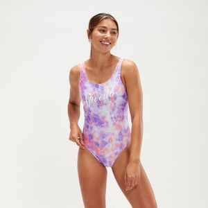 Bañador con estampado, logotipo y espalda escotada en U para mujer, lila/coral