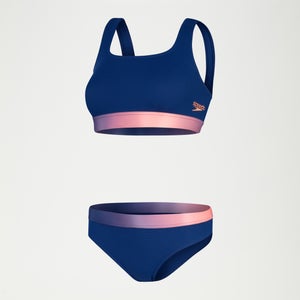 Texturierter Bikini mit tiefem U-Rückenausschnitt für Damen Blau/Koralle