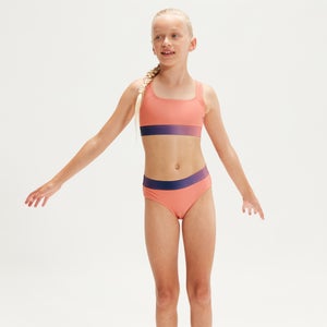 Bikini mit Kontraststreifen für Mädchen Koralle/Flieder