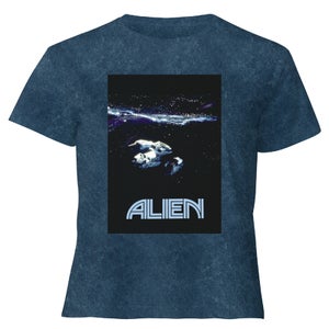 Alien Spacetravel Still Women's Cropped T-Shirt - Navy Acid Wash
