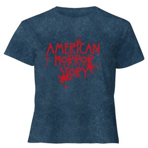 American Horror Story Splatter Logo Women's Cropped T-Shirt - Navy Acid Wash