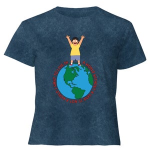 Bob&apos;s Burgers A World Without Women's Cropped T-Shirt - Navy Acid Wash