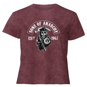 Sons of Anarchy Arched Reaper Est 1967 Women's Cropped T-Shirt - Burgundy Acid Wash