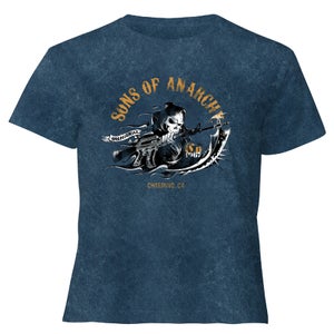 Sons of Anarchy Reaper Illustration Women's Cropped T-Shirt - Navy Acid Wash