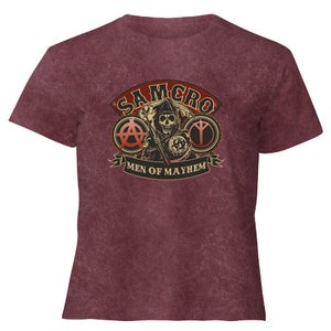 Sons of Anarchy Men Of Mayhem Women's Cropped T-Shirt - Burgundy Acid Wash