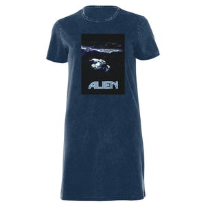 Alien Spacetravel Still Women's T-Shirt Dress - Navy Acid Wash