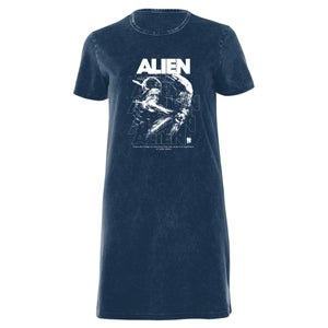 Alien Repeat Women's T-Shirt Dress - Navy Acid Wash
