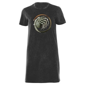 Alien Facehugger Curled Women's T-Shirt Dress - Black Acid Wash