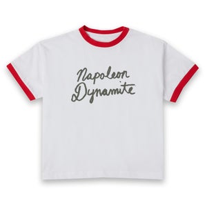 Napoleon Dynamite Script Logo Women's Cropped Ringer T-Shirt - White Red
