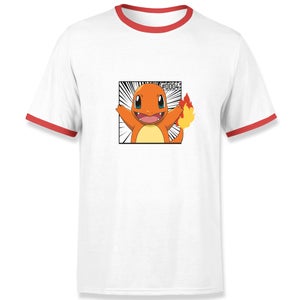 Pokémon Pokédex Charmander #0004 Hombre Ringer Camiseta - Blanco/Rojo