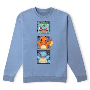 Pokemon Generation 1 Starters Sweatshirt - Denim Blue Acid Wash