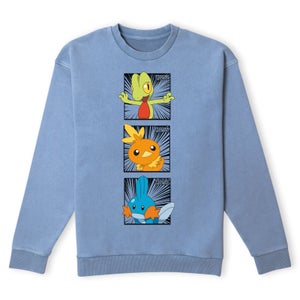 Pokemon Generation 3 Starters Sweatshirt - Denim Blue Acid Wash