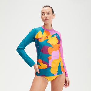 Bedrucktes langärmliges Schwimm-Shirt für Damen Türkis/Mango