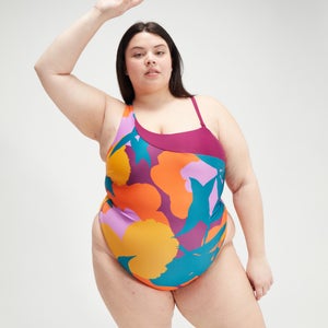 Damen Übergröße Asymmetrischer Badeanzug mit Print Blaugrün/Lila/Mango