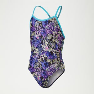 All-Over Digital V-Rückenausschnitt-Badeanzug für Mädchen Schwarz/Violett