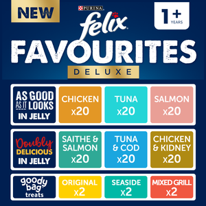 Felix Favourites Pre-Mixed Deluxe Bundle Adult Wet Cat Food 120x100g + 6 Goody Bag Treats