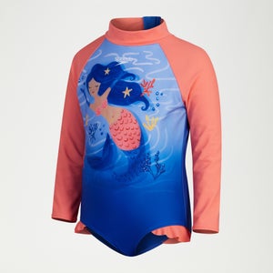 Digital-Rüschen-Langarm-Badeanzug für Mädchen Blau/Koralle