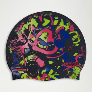 Gorro de natación estampado de silicona para adultos, negro/rosa