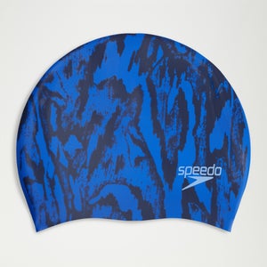 Gorro de natación estampado para adultos con pelo largo, azul