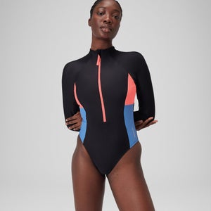 Women's Long Sleeve Zip Colourblock Swimsuit Dark Grey