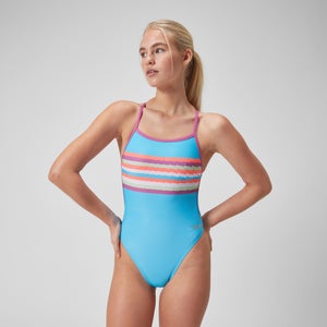 Damen Badeanzug mit V-Rücken und digitalem Print für Damen Picton-Blau/Kikirosa