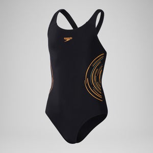 Maillot de bain Fille Placement Muscleback pour Filles Noir/Nectarine/Vert campagne