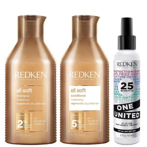 Redken Trio: All Soft Shampoo 300ml, Conditioner 300ml & One United All-In-One Multi-Benefit Treatment 150ml