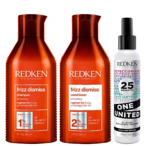 Redken Trio: Frizz Dismiss Shampoo 300ml, Conditioner 300ml & One United All-In-One Multi-Benefit Treatment 150ml