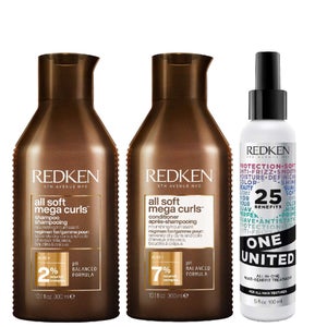 Redken Trio: All Soft Mega Curl Shampoo 300ml, Conditioner 300ml & One United All-In-One Multi-Benefit Treatment 150ml