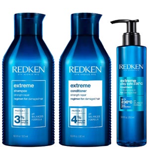 Redken Trio: Extreme Shampoo 500ml, Conditioner 500ml & Play Safe 230 Heat Protection 250ml