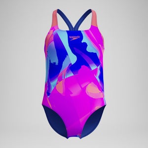 Maillot de bain Fille Powerback imprimé numérique rose/bleu