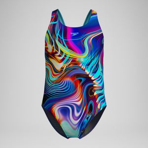 Maillot de bain Fille Powerback imprimé numérique bleu/violet