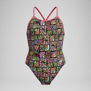 Maillot de bain Fille Club Training dos en V imprimé noir/corail
