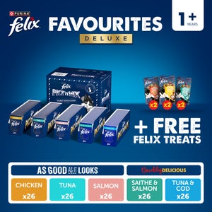 Felix Favourites Pre-Mixed Deluxe Bundle Adult Wet Cat Food 130x85g + 6 Goody Bag Treats
