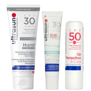 Ultrasun Trio: Photo Age Control Fluid SPF30 40ml, Anti-Pigmentation Hand Cream SPF30 75ml & Lip Protection SPF50 4.8g