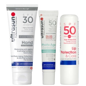 Ultrasun Trio: Photo Age Control Fluid SPF50 40ml, Anti-Pigmentation Hand Cream SPF30 75ml & Lip Protection SPF50 4.8g