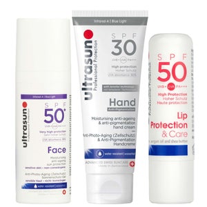 Ultrasun Trio: Anti-Ageing Sun Protection SPF50+ 50ml, Anti-Pigmentation Hand Cream SPF30 75ml & Lip Protection SPF50 4.8g