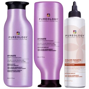 Pureology Trio: Moisturising Shampoo 266ml, Conditioner 266ml & Color Fanatic Top Coat + Tone Glaze Copper 200ml
