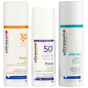 Ultrasun Trio: Family SPF30 150ml, Anti-Ageing Sun Protection For Sensitive Skin SPF50+ 50ml & Aftersun Gel 150ml