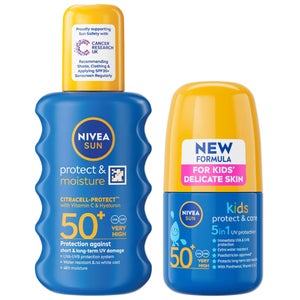 Nivea Duo: Protect & Moisture SPF50+ Spray 200ml & Kids Protect & Care SPF50+ Roll On 50ml