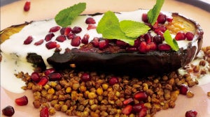 Miso-roasted aubergine with crispy lentils & tahini yoghurt