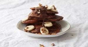 Banana Pecan Protein Pancakes with Gooey Chocolate Sauce