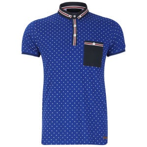 Brave Soul Men's Helek All Over Triangle Polo Shirt with Contast Collar - Bright Blue/White