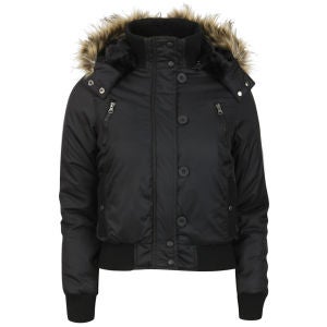 Brave Soul Women's Hooded Bomber Jacket with Fur Trim - Black