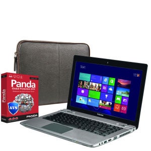 Toshiba Satellite Touchscreen Ultrabook Laptop P845T-108 (i3, 4Gb, 500Gb, 14 inch HD LED Touch) with Panda 2014 Global Protection and dBramane1928 Leather Case in Black & Brown
