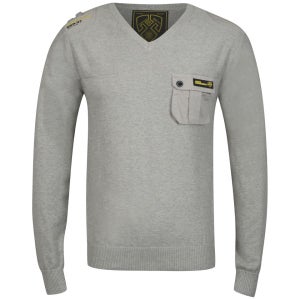 Dissident Men's Regiment Knitted V Neck Jumper with Pocket Detail - Light Grey Marl