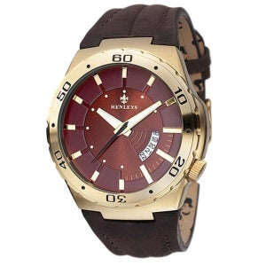 Henleys Men's Gold Plated Leather Strap Watch - Gold/Brown